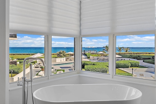 bathroom with a healthy amount of sunlight, a water view, and a tub