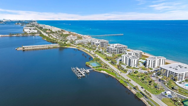 aerial view featuring a water view