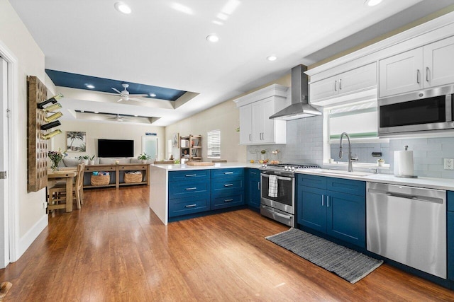 kitchen with sink, wall chimney exhaust hood, blue cabinetry, appliances with stainless steel finishes, and white cabinetry