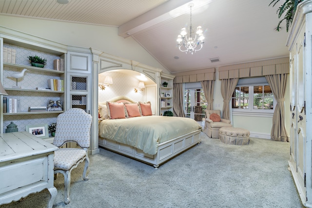 carpeted bedroom with lofted ceiling with beams and a notable chandelier