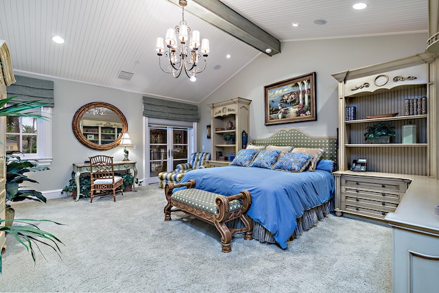 carpeted bedroom featuring wood ceiling, vaulted ceiling with beams, and a chandelier