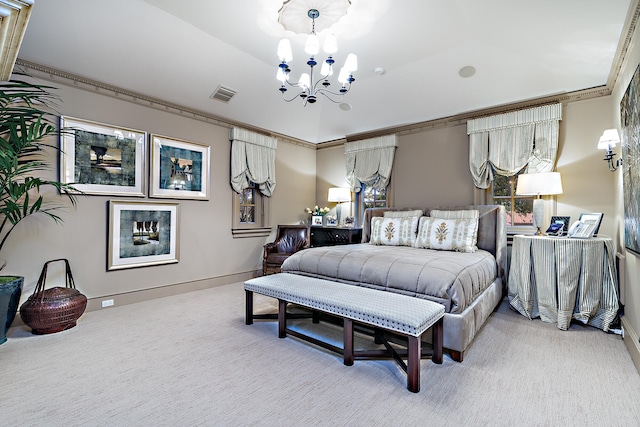 bedroom featuring carpet, an inviting chandelier, and ornamental molding