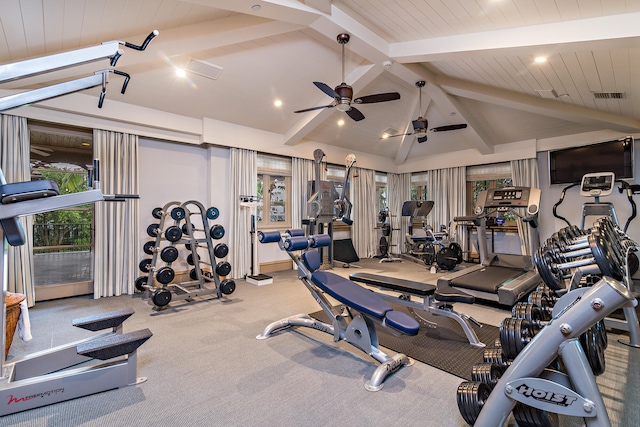 workout area with carpet flooring, ceiling fan, and lofted ceiling