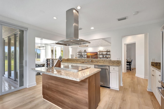 kitchen with dishwasher, kitchen peninsula, island exhaust hood, black electric cooktop, and light wood-type flooring