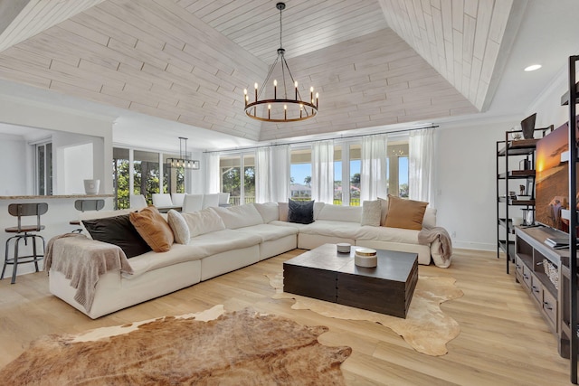 living room with wood ceiling, high vaulted ceiling, a chandelier, and light hardwood / wood-style floors