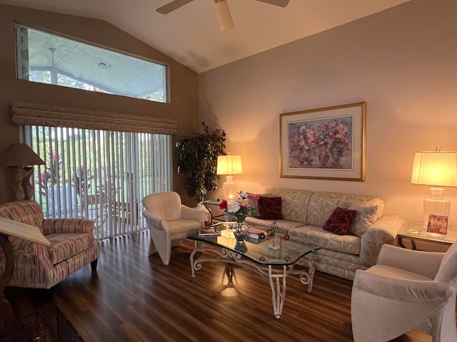 living room featuring hardwood / wood-style floors, ceiling fan, and lofted ceiling