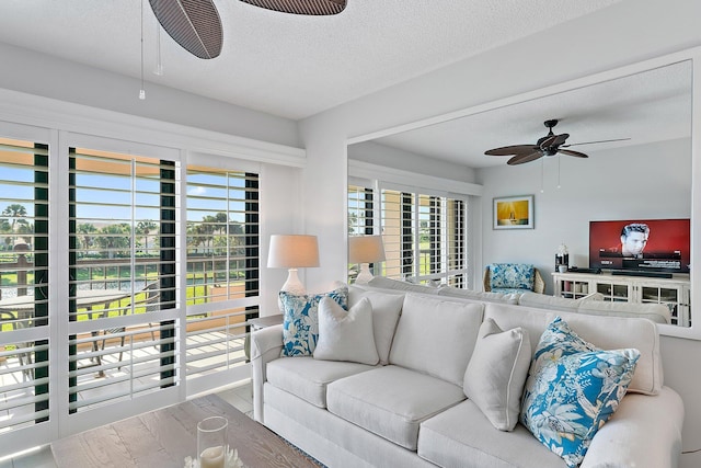 living room featuring wood-type flooring, a textured ceiling, and ceiling fan