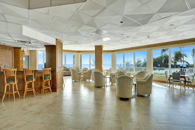 building lobby featuring a water view