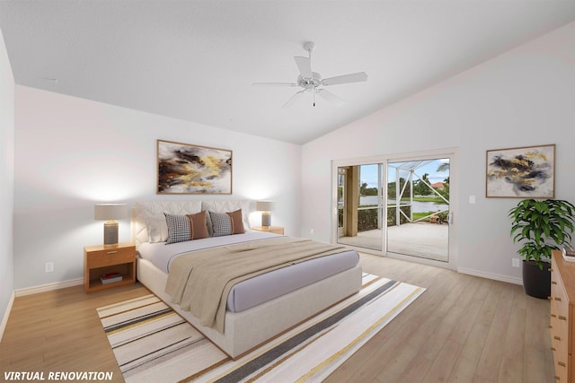 bedroom with ceiling fan, light hardwood / wood-style floors, lofted ceiling, and access to outside