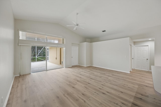 unfurnished living room with lofted ceiling, light hardwood / wood-style floors, and ceiling fan