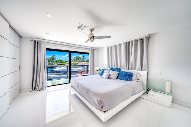 tiled bedroom featuring access to outside and ceiling fan