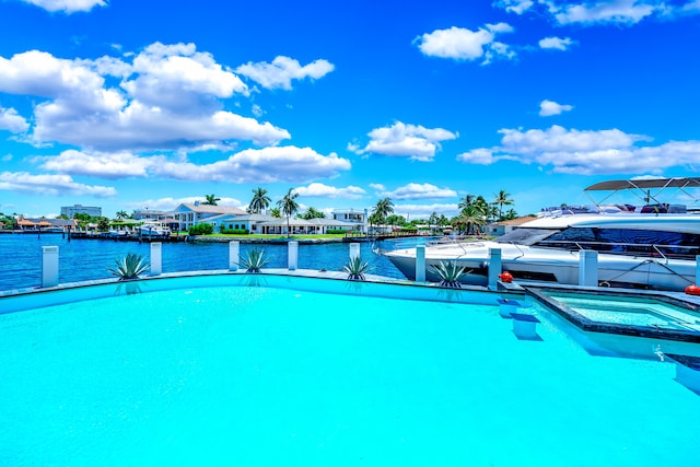 exterior space featuring a water view and a pool with hot tub