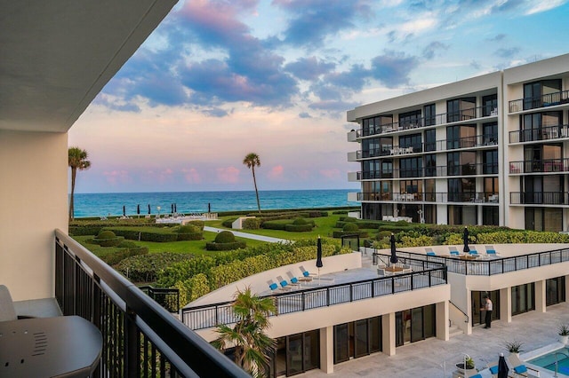 exterior space with a water view