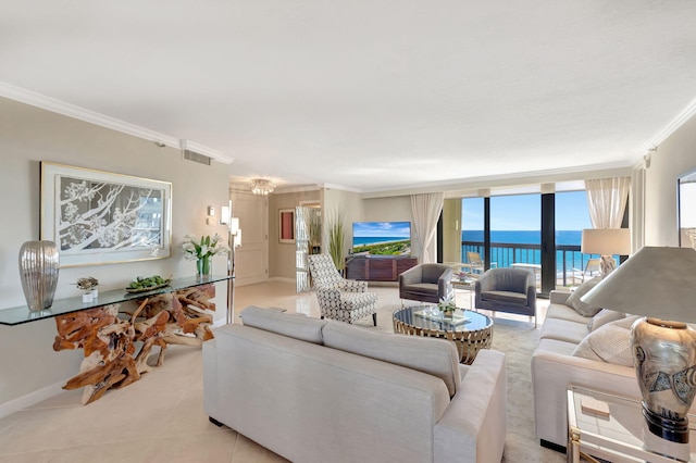 4545 N Ocean Blvd Unit 11C, Boca Raton, FL 33431 - living room featuring visible vents, crown molding, light tile patterned floors, baseboards, and a notable chandelier