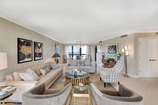 living room featuring ornamental molding