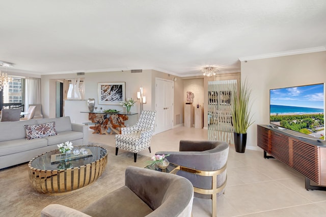 4545 N Ocean Blvd Unit 11C, Boca Raton, FL 33431 - living area featuring crown molding, a chandelier, light tile patterned floors, and visible vents
