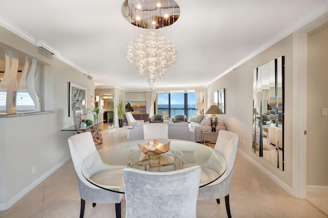 dining space featuring crown molding, light tile patterned flooring, and a chandelier