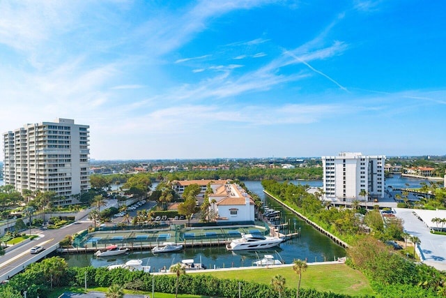 bird's eye view with a water view