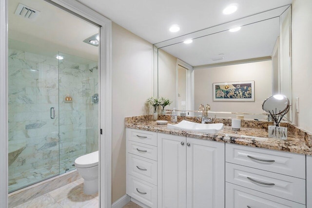 4545 N Ocean Blvd Unit 11C, Boca Raton, FL 33431 - full bathroom featuring visible vents, vanity, toilet, a marble finish shower, and recessed lighting