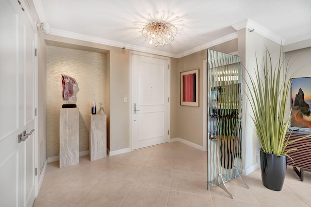 4545 N Ocean Blvd Unit 11C, Boca Raton, FL 33431 - entryway with baseboards, ornamental molding, light tile patterned flooring, and a chandelier