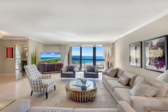 living room featuring expansive windows and crown molding