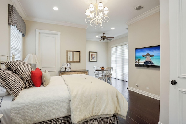 bedroom with ornamental molding, an inviting chandelier, and dark wood-type flooring