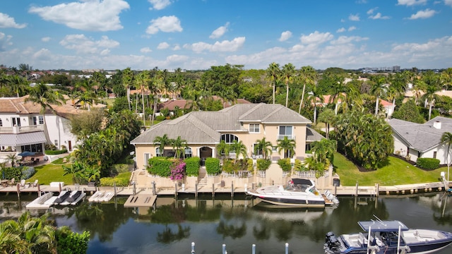 bird's eye view with a water view