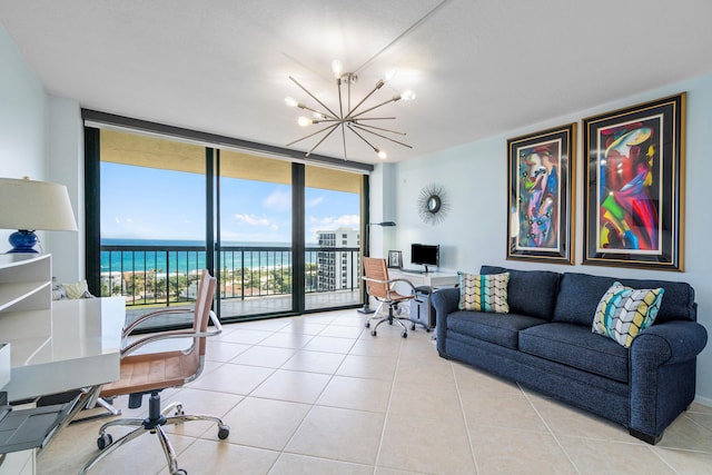 tiled living room with a water view, floor to ceiling windows, and an inviting chandelier