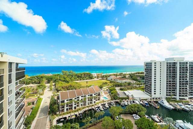 bird's eye view with a water view