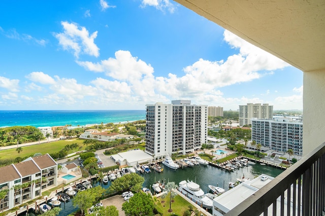 exterior space with a water view