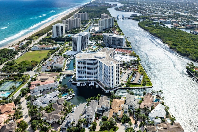 drone / aerial view with a view of the beach and a water view