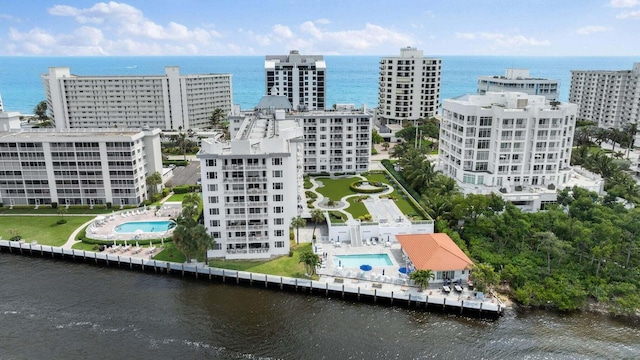 drone / aerial view with a water view