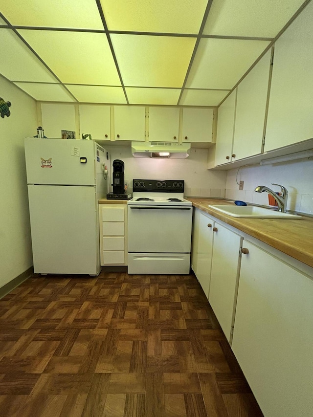 3400 Springdale Blvd Unit 307, Palm Springs, FL 33461 - kitchen featuring white appliances, under cabinet range hood, a sink, a paneled ceiling, and light countertops