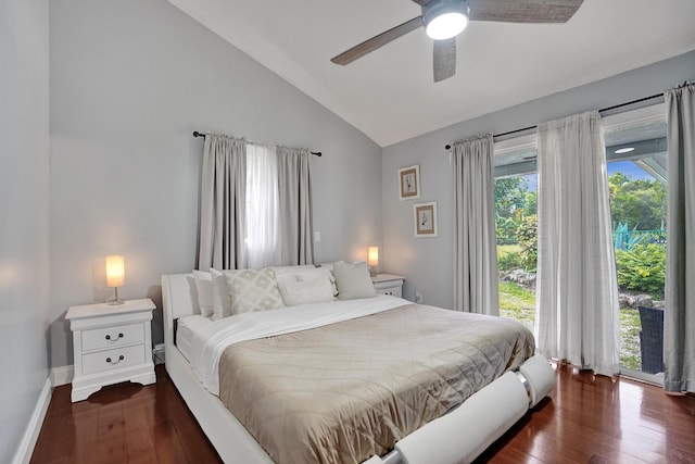 bedroom with dark hardwood / wood-style flooring, access to outside, high vaulted ceiling, and ceiling fan