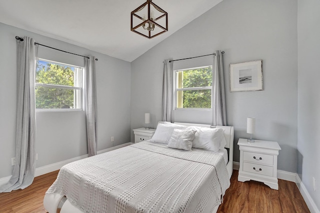 bedroom featuring multiple windows, hardwood / wood-style floors, and lofted ceiling