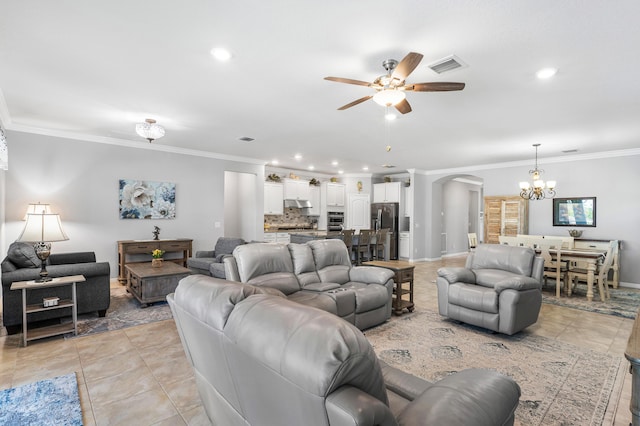 living room featuring light tile patterned floors, ceiling fan with notable chandelier, and ornamental molding