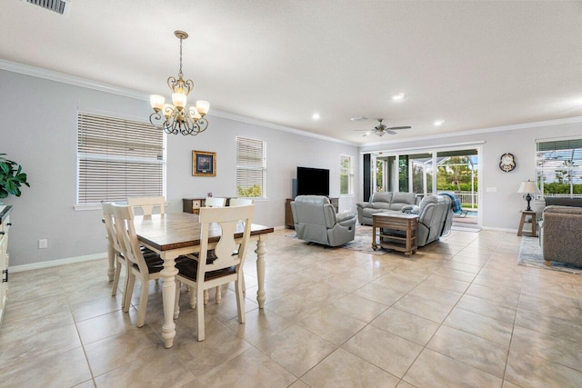 dining area featuring light tile patterned floors, baseboards, ornamental molding, and recessed lighting