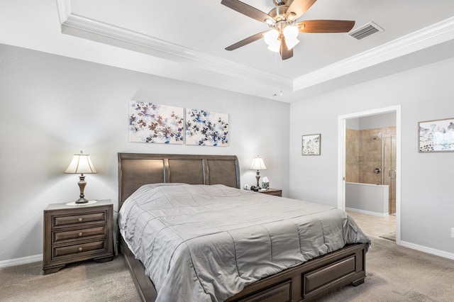 bedroom with light carpet, ceiling fan, and ornamental molding