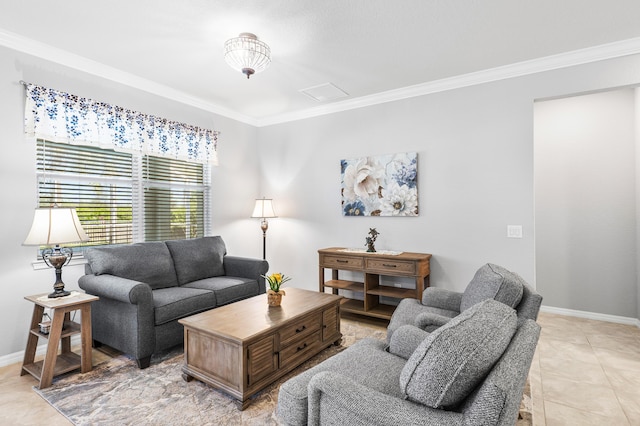 living area with light tile patterned flooring, crown molding, and baseboards