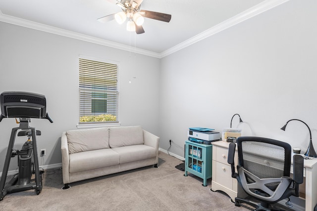 carpeted office space with crown molding