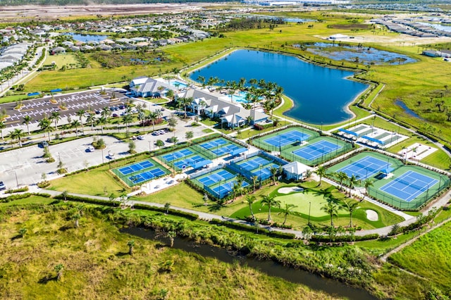 drone / aerial view with a water view