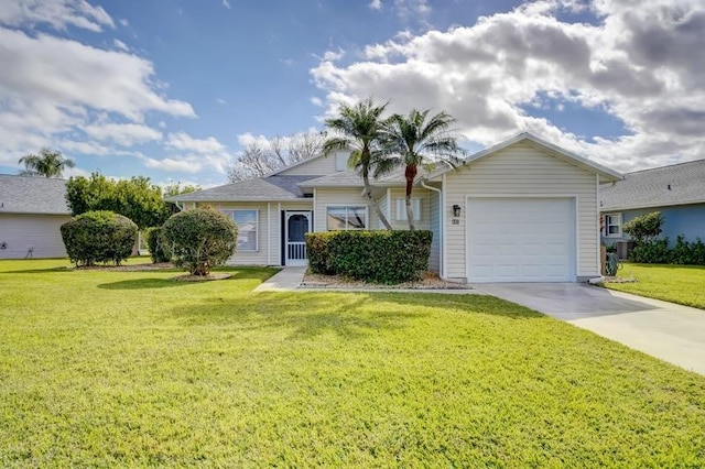 single story home featuring a garage and a front lawn