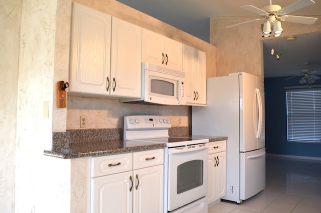 kitchen featuring ceiling fan, white cabinetry, white appliances, and light tile patterned floors