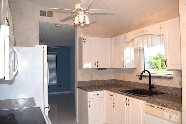 kitchen featuring white appliances, ceiling fan, sink, tile patterned flooring, and white cabinetry