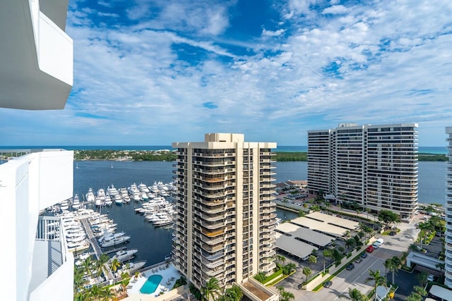 bird's eye view with a water view