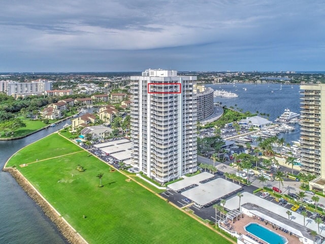 birds eye view of property featuring a water view