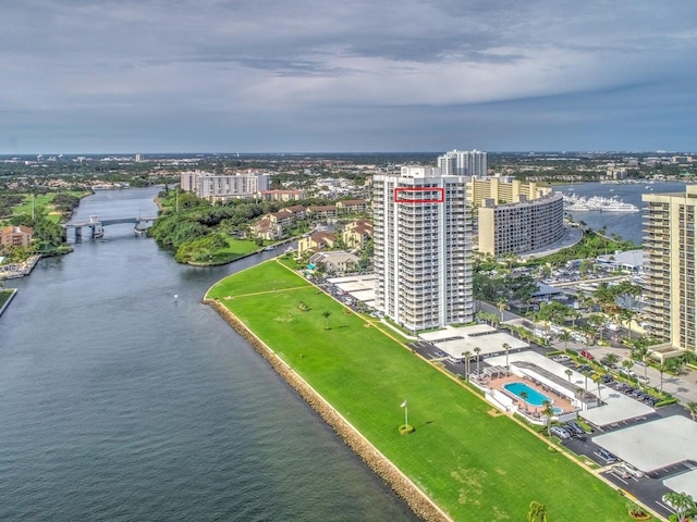 drone / aerial view with a water view