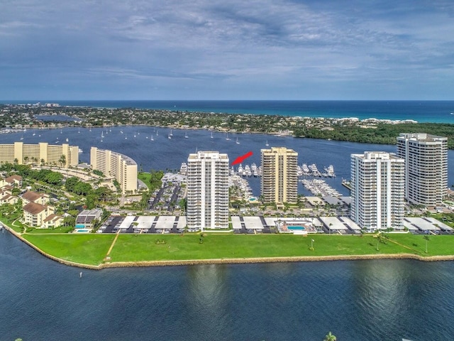 drone / aerial view featuring a water view