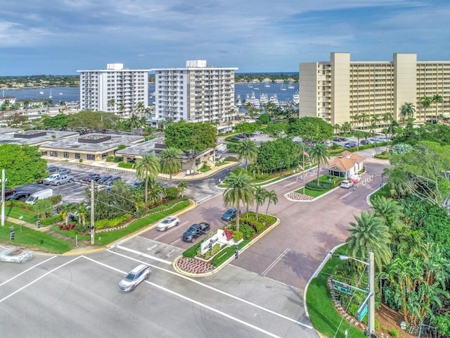 bird's eye view with a water view