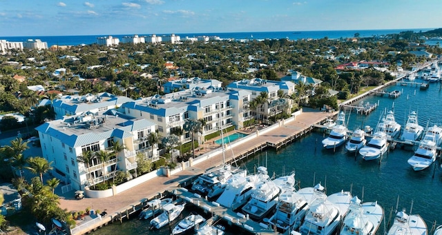 drone / aerial view featuring a water view